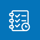 Checklist icon with clock on blue background.
