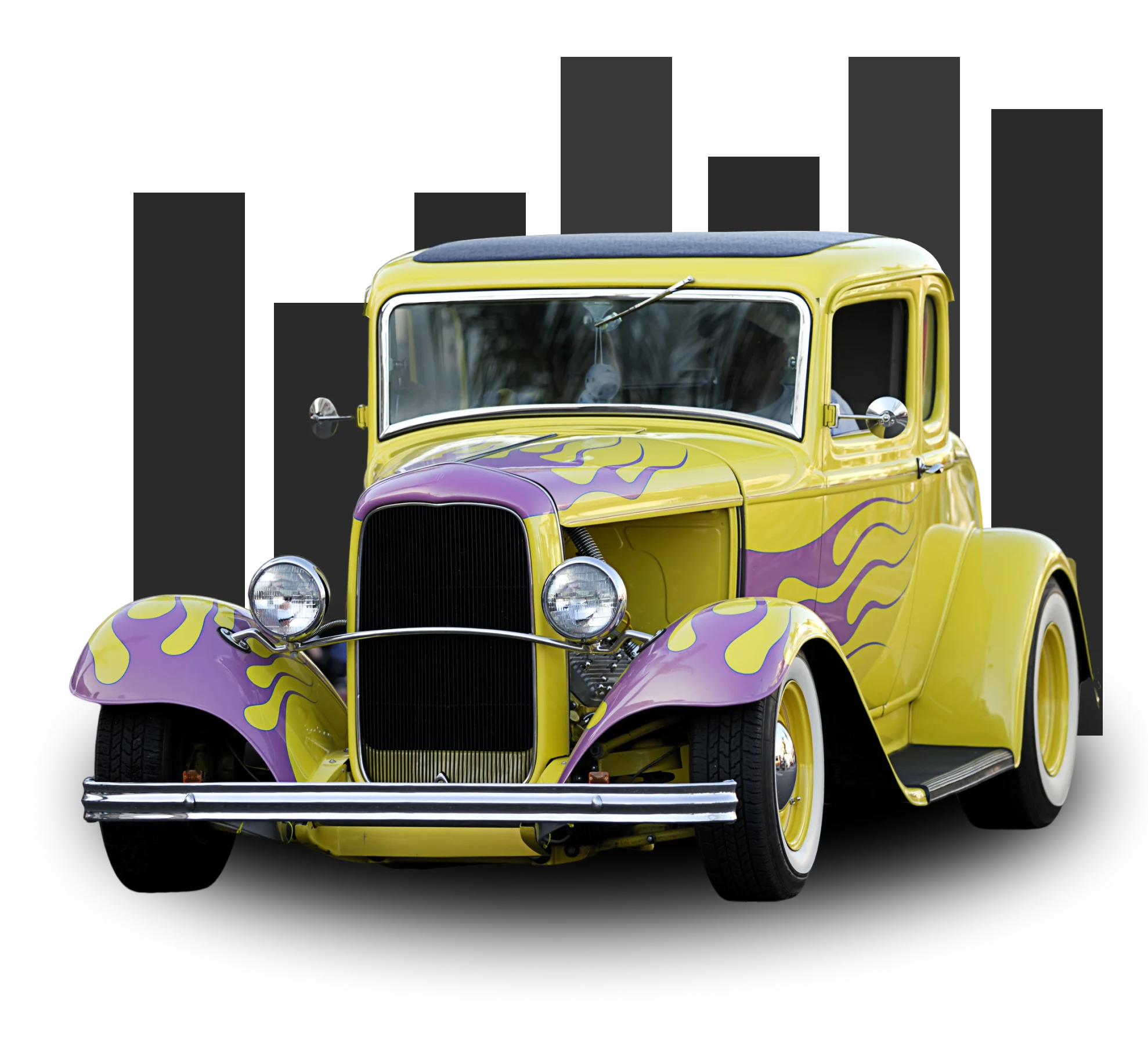 Mask group (1) Yellow vintage car with purple flame design.