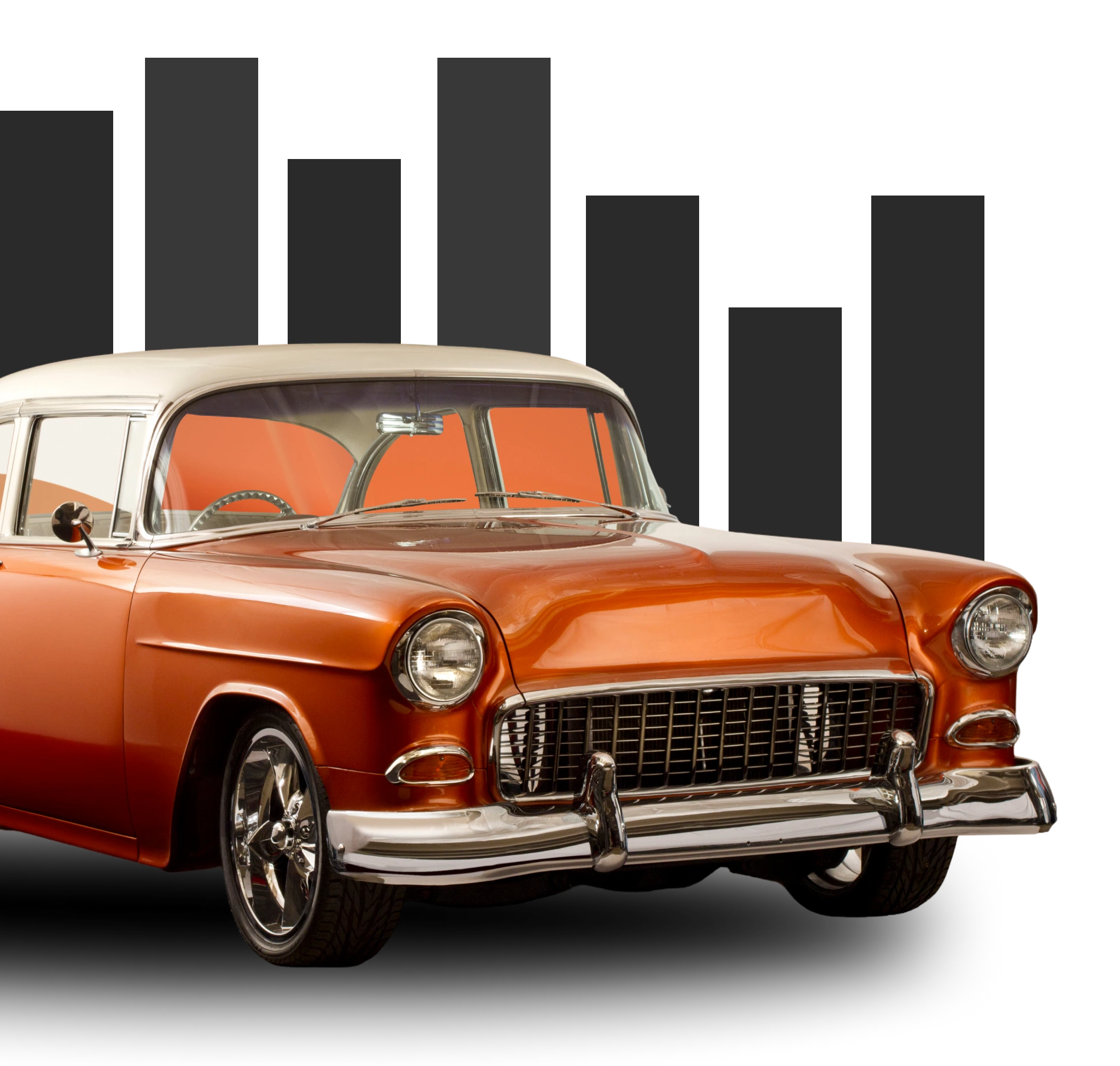Mask group (21) Vintage orange car with bar chart background.