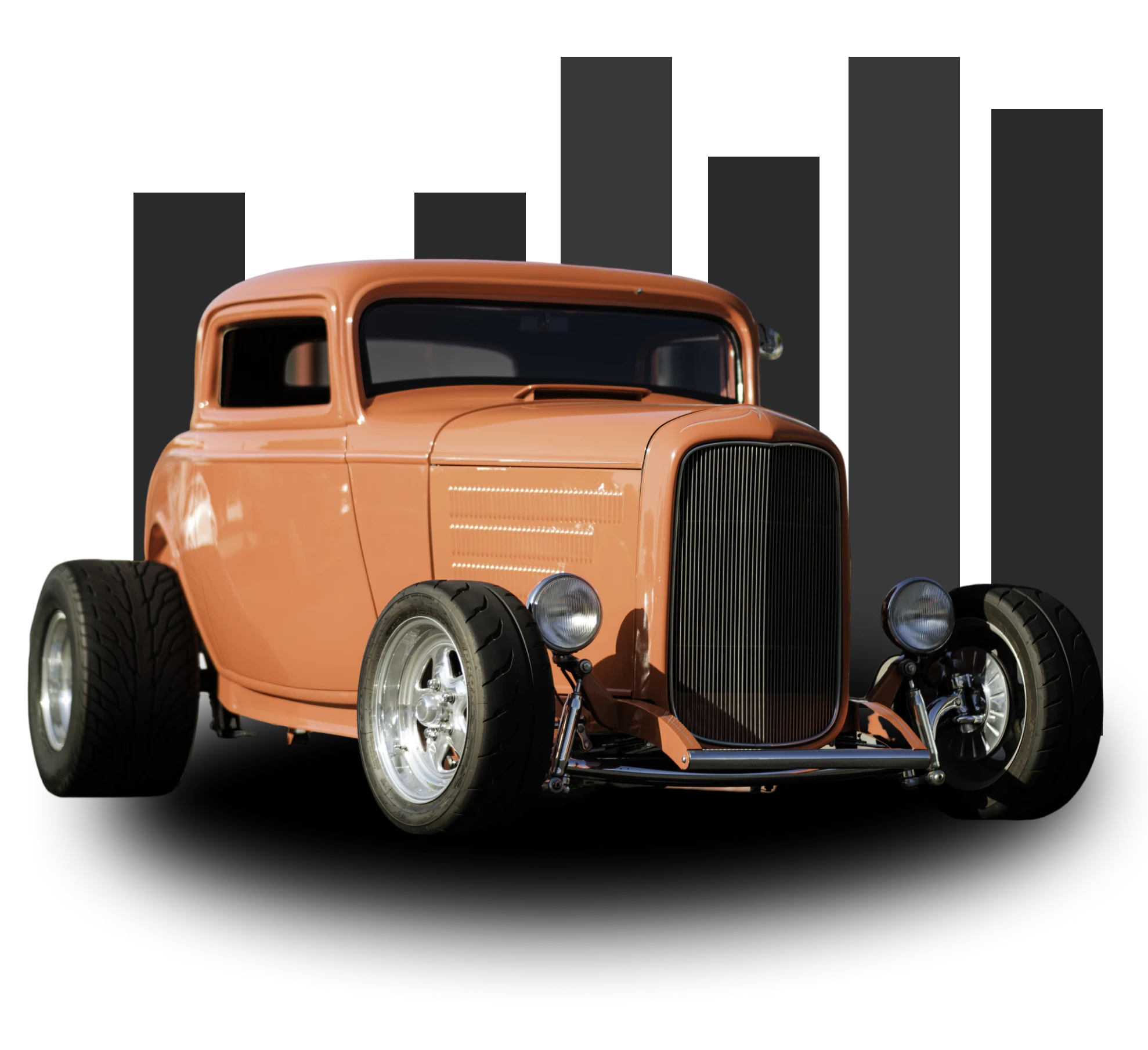 Vintage orange hot rod car on black background.