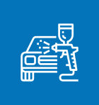 Car being spray-painted icon on blue background.